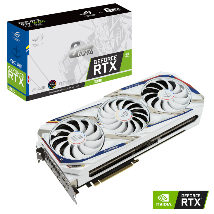 ROG-STRIX-GeForce-RTX-3090-GUNDAM-EDITION graphics card and packaging with NVIDIA logo