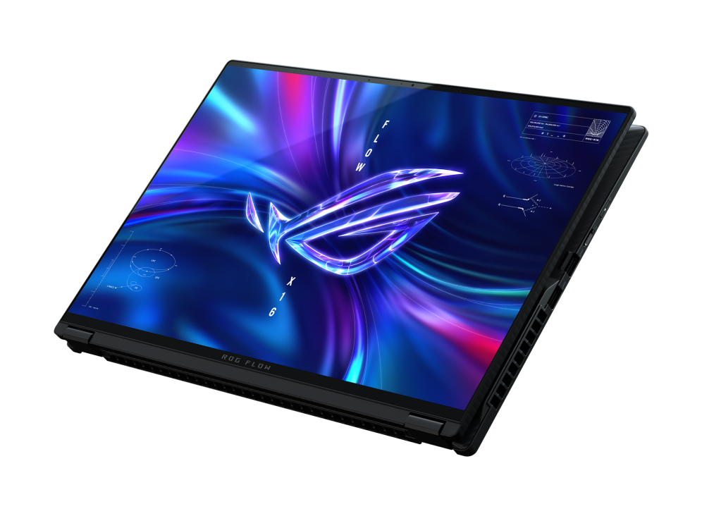 ROG Flow X16, with the lid flipped 360° in tablet mode and the ROG "Fearless Eye" logo on screen.