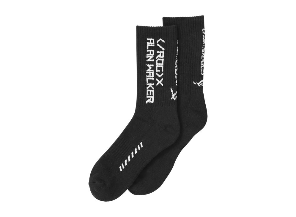 A pair of long black socks, with ROG and Alan Walker branding.