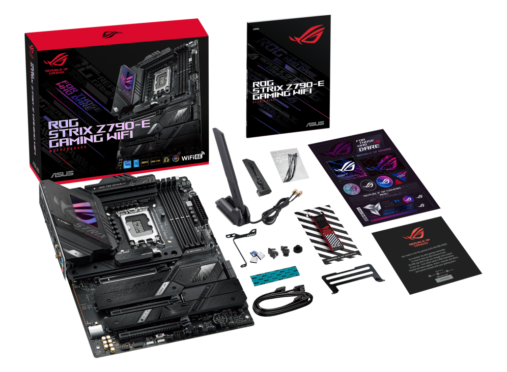 ROG STRIX Z790-E GAMING WIFI top view with what’s inside the box