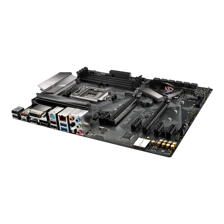 ROG STRIX B250F GAMING top and angled rear view with I/O Port