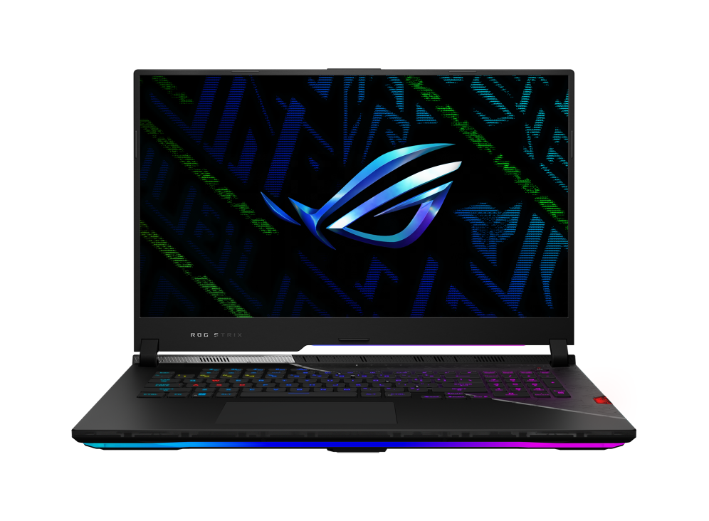 Front view of the Strix SCAR 17 SE, with the ROG logo on screen and keyboard illuminated.