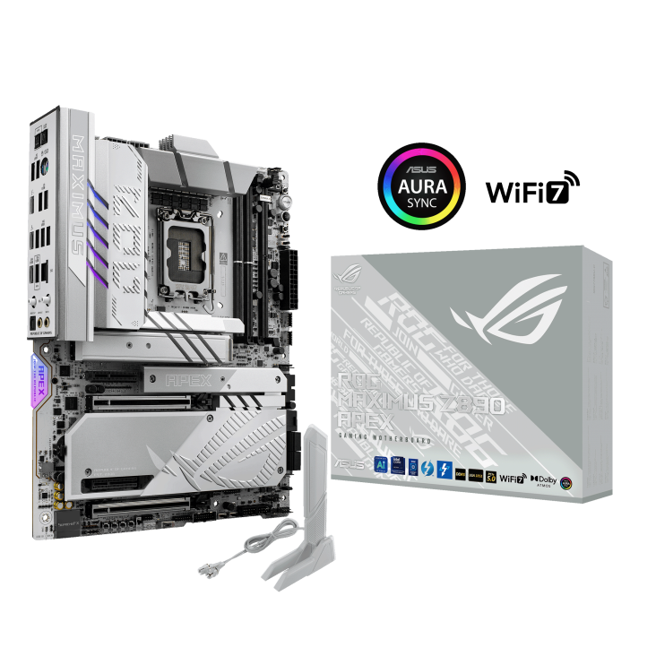 ROG MAXIMUS Z890 APEX front view, 45 degrees, viewed from left, with WiFi antenna and color box