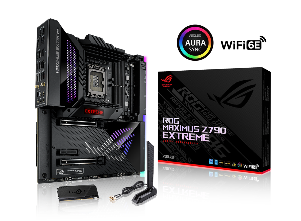 ROG MAXIMUS Z790 EXTREME angled view from left with the box and Aura Sync WiFi 6E logo