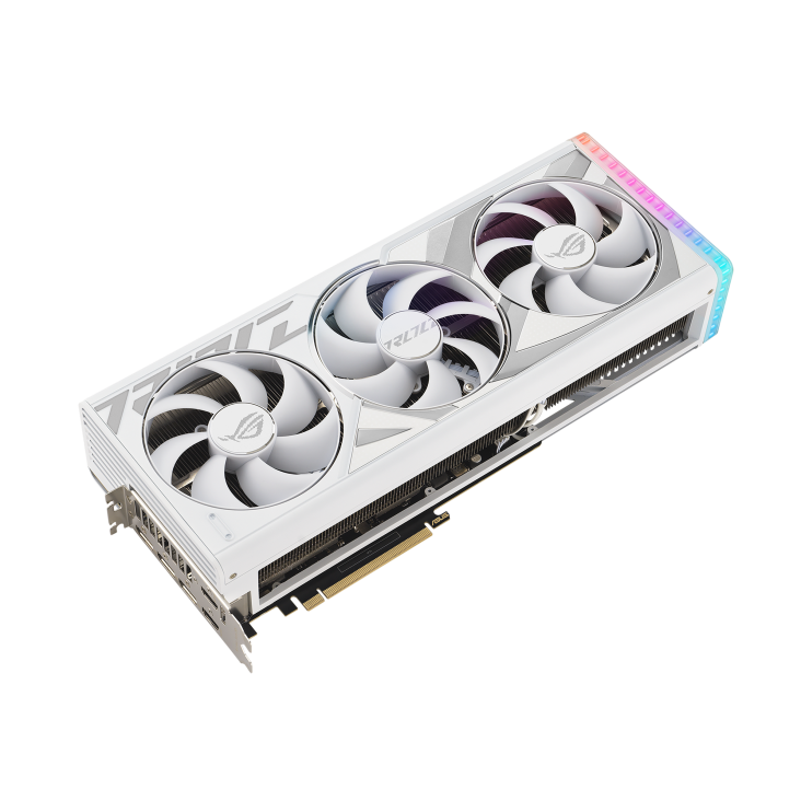 Front angled view of the ROG Strix GeForce RTX4080 SUPER White edition graphics card