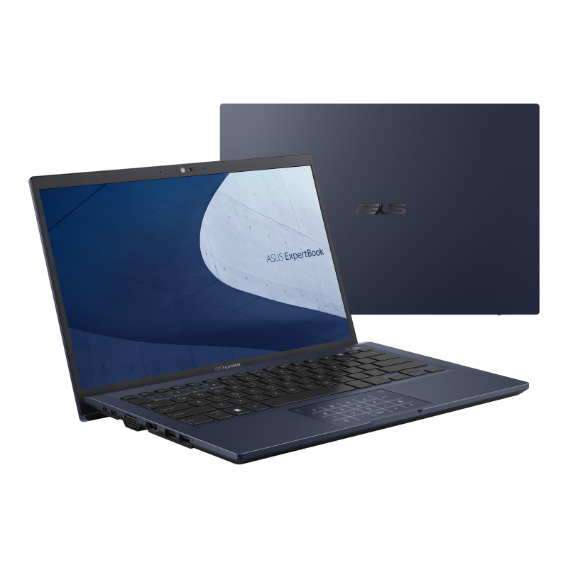 An angled front view of an ASUS ExpertBook B1, superimposed on an overhead view of an ASUS ExpertBook B1 showing its Star Black lid.