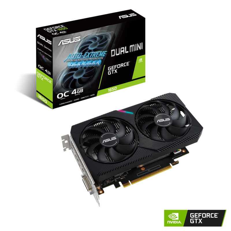 ASUS Dual GeForce GTX 1650 MINI OC edition 4GB GDDR6 packaging and graphics card with NVIDIA logo