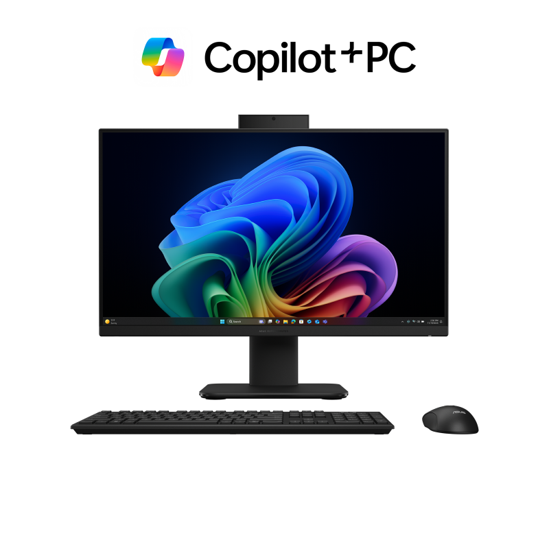 An ASUS ExpertCenter P600 AiO (PM640KA) in black paired with a keyboard and mouse. 