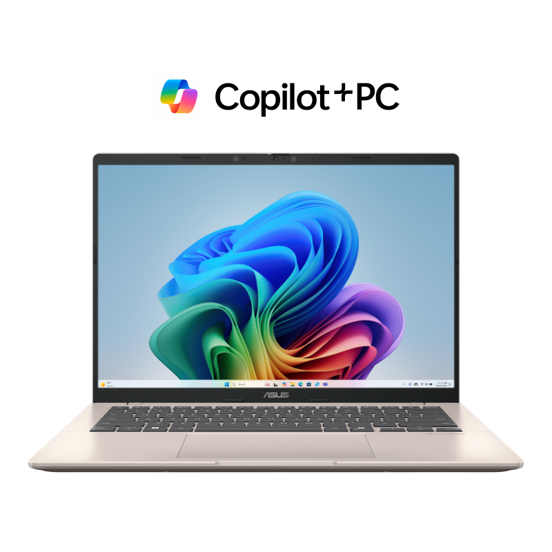 ASUS Vivobook 14 正面開啟 90 度，螢幕顯示微軟桌布。