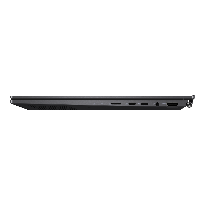 Black ASUS Zenbook 14 with the cover closed is shown from the right side. 