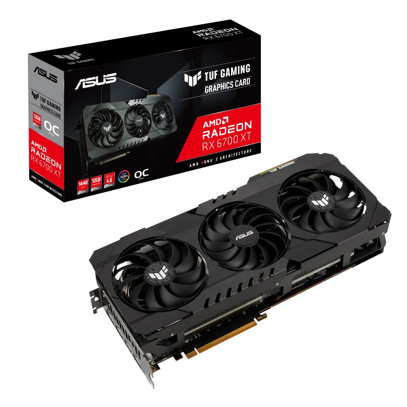 TUF GAMING AMD Radeon RX 6700 XT OC Edition packaging and graphics card with AMD logo