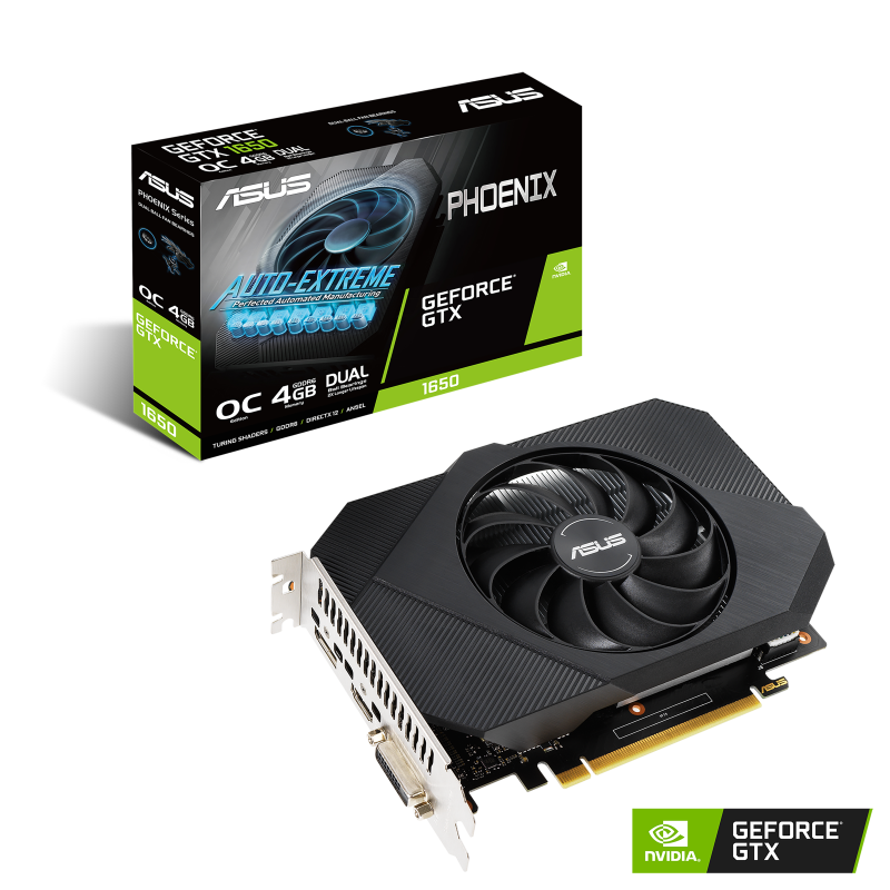 ASUS Phoenix GeForce GTX 1650 OC edition 4GB GDDR6 packaging and graphics card with NVIDIA logo