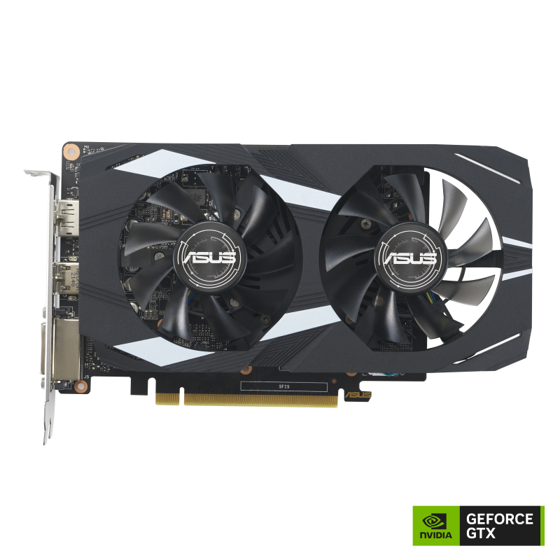 Front view of the ASUS Dual GeForce GTX 1650 4GB EVO graphics card with NVIDIA logo