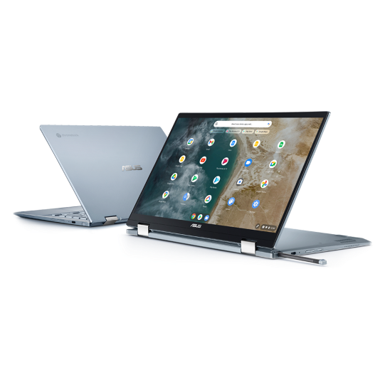 Two ASUS Chromebook laptops are placed on a flat surface. The one on the right, in the foreground, is shown at a sligth angle, in stand mode, with a stylus protuding from the garage on its right-hand side. The one on the left, in the background, is shown from the rear at a slight angle, showing its elegant metallic cover.