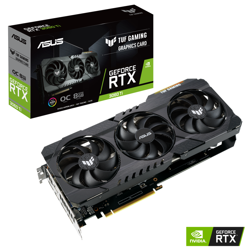 TUF Gaming GeForce RTX 3060 Ti OC Edition Packaging and graphics card with NVIDIA logo
