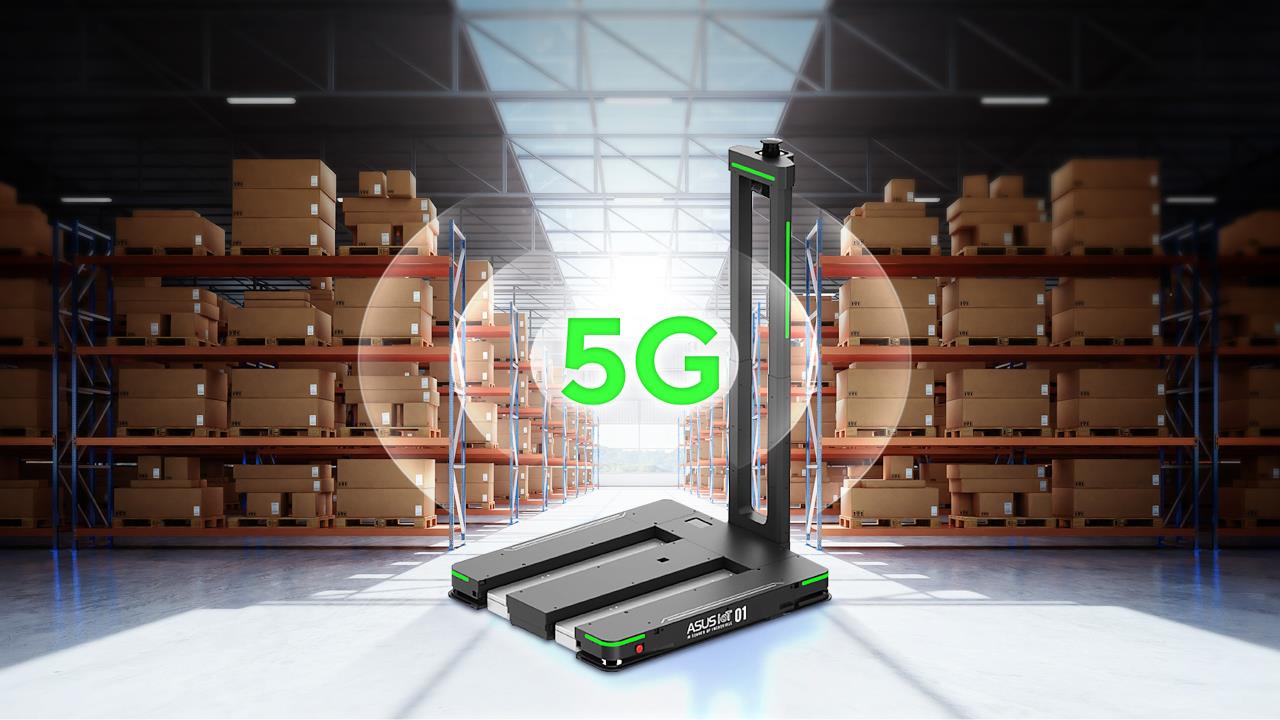 An autonomous mobile robot featuring the ASUS IoT logo and a prominent green 5G icon, operating in a warehouse filled with stacked boxes