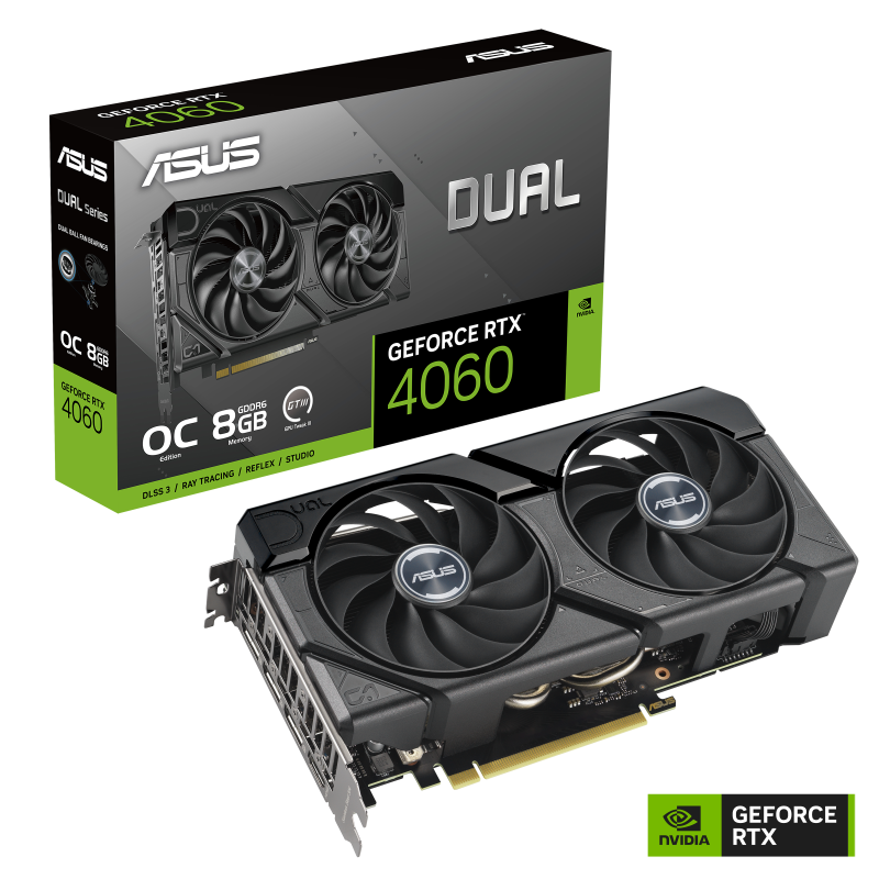 ASUS Dual GeForce RTX 4060 EVO OC Edition colorbox and graphics card with NVIDIA logo