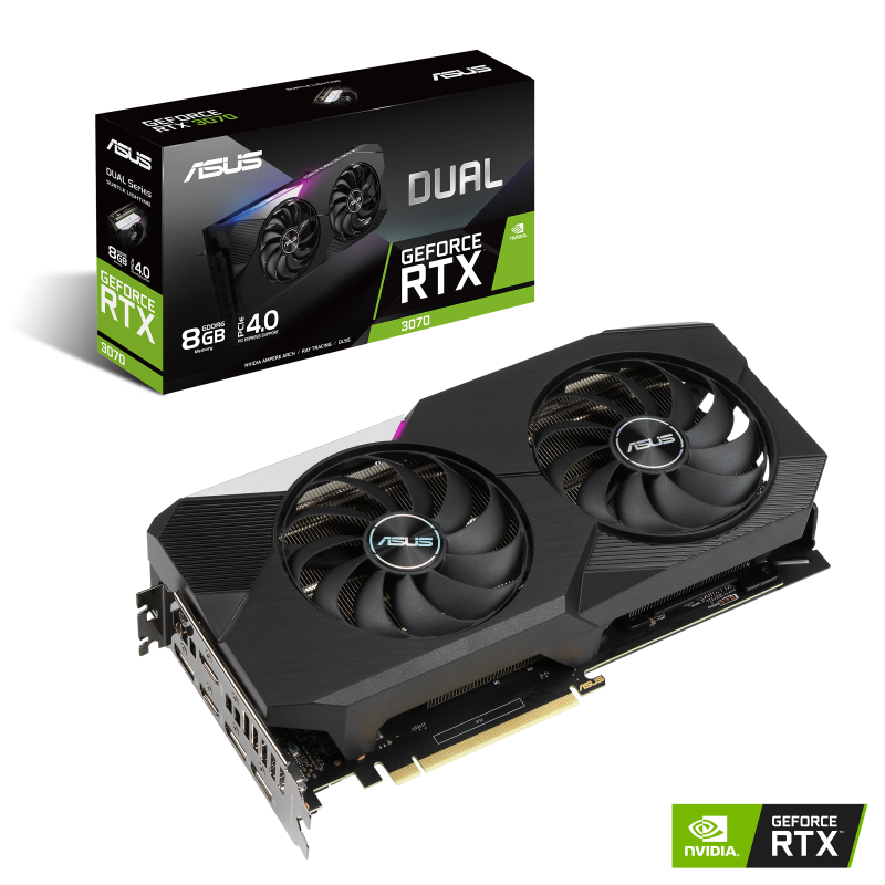 Dual GeForce RTX 3070 packaging and graphics card with NVIDIA logo