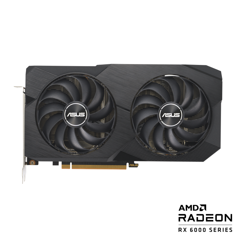 ASUS Dual Radeon RX 6600 V2  front view of the with black AMD logo