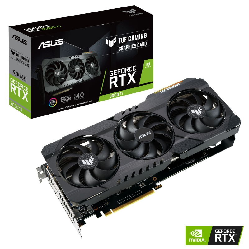 TUF Gaming GeForce RTX 3060 Ti Packaging and graphics card with NVIDIA logo