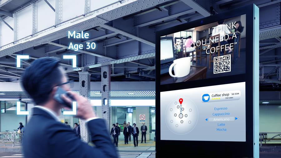a digital signage detecting target audience and shows relevant information