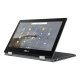 An angled front view of an ASUS Chromebook Flip C214 in stand mode.