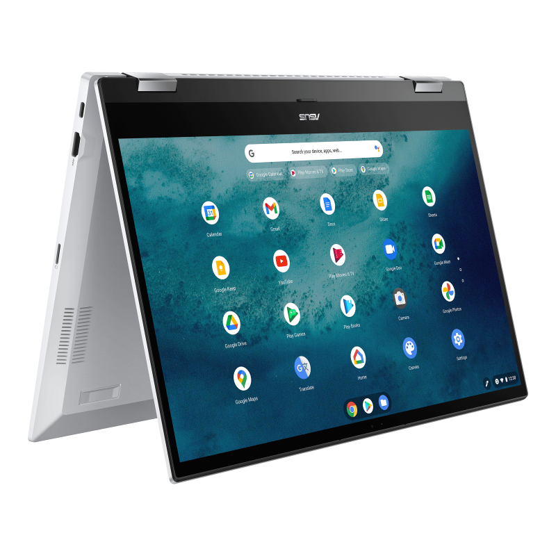 An angled front view of an ASUS Chromebook Enterprise Flip CX5 in tent mode.