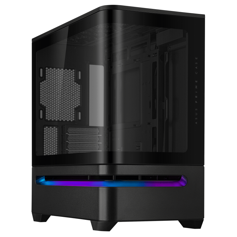 ASUS Prime AP202 Black hero shot showing the front and left side with ARGB lighting bar  