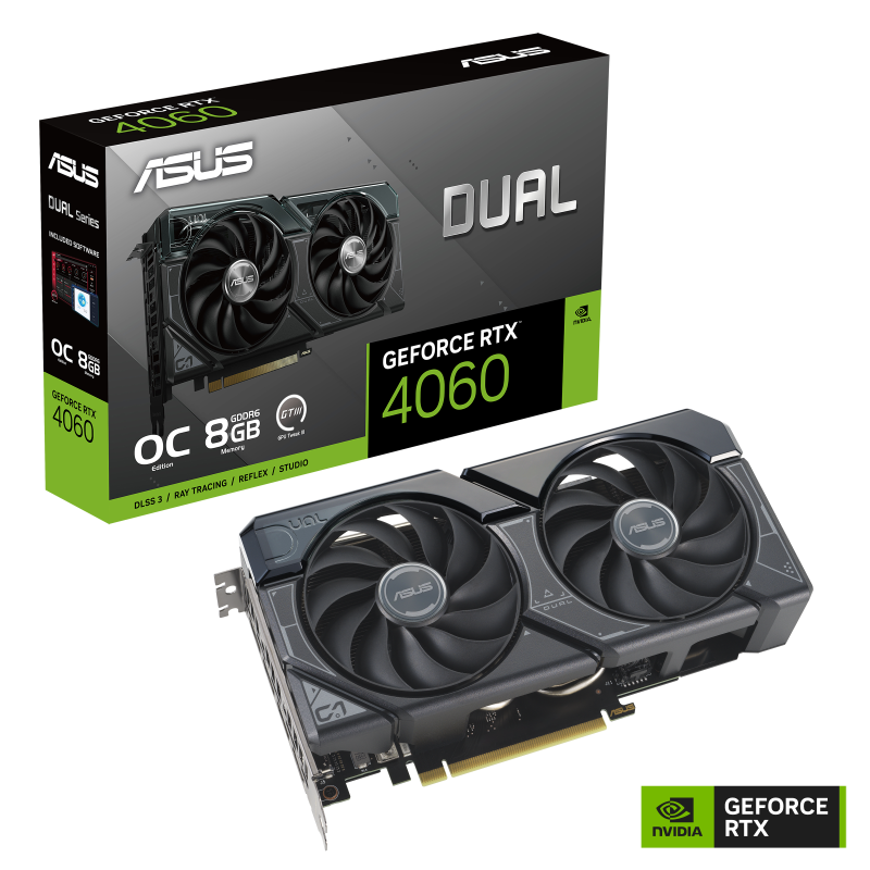 ASUS Dual GeForce RTX 4060 OC Edition packaging and graphics card with NVidia logo