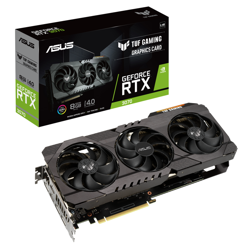 TUF Gaming GeForce RTX 3070 V2 Packaging and graphics card