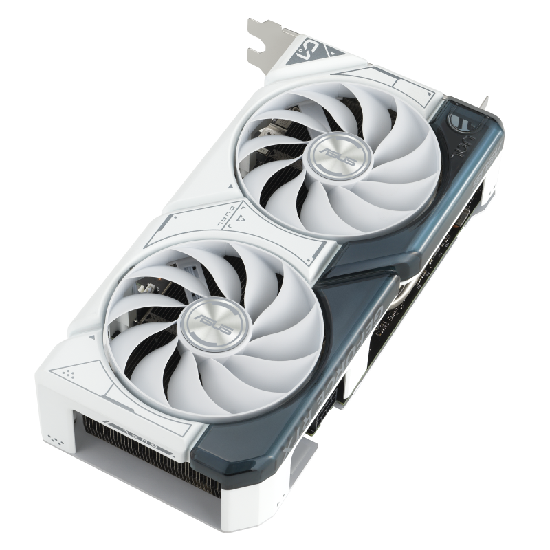 ASUS DUAL GeForce RTX 4060 Ti white graphics card highlighting the axial-tech fans