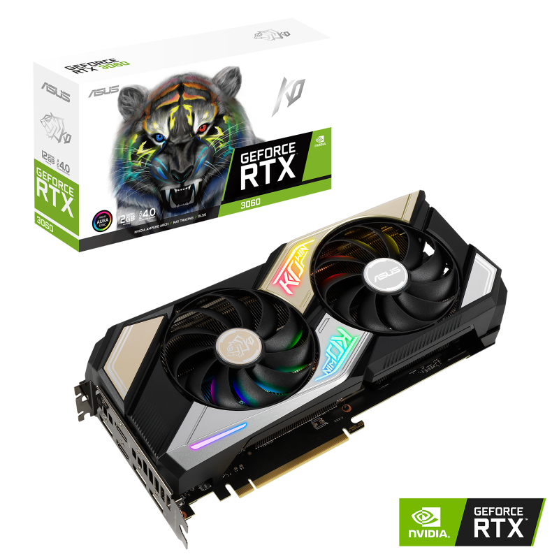 KO GeForce RTX 3060 V2 packaging and graphics card with NVIDIA logo