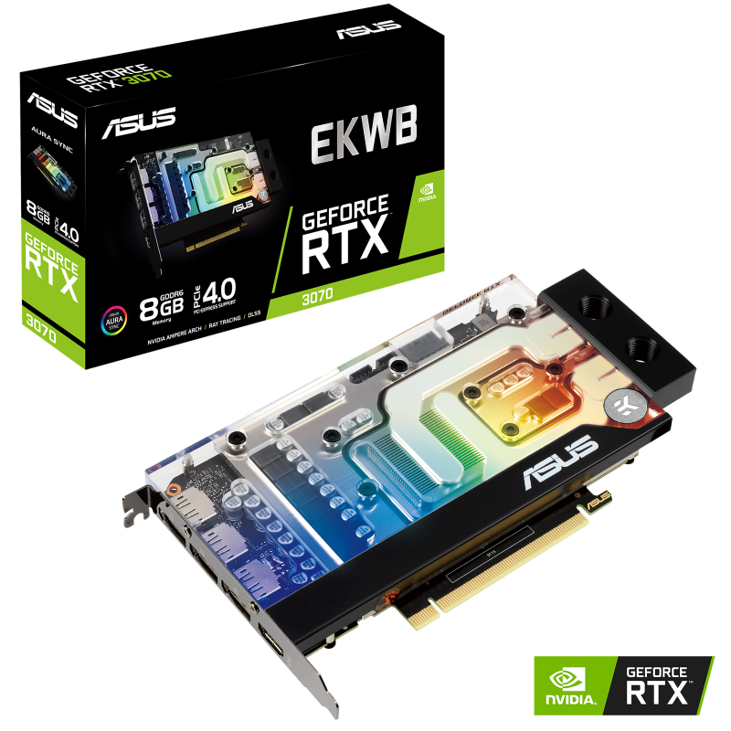 EKWB GeForce RTX 3070 Packaging and graphics card with NVIDIA logo