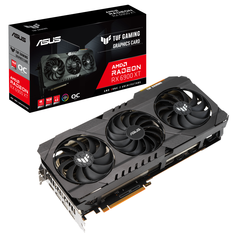 TUF GAMING AMD Radeon RX 6900 XT OC Edition packaging and graphics card with AMD logo