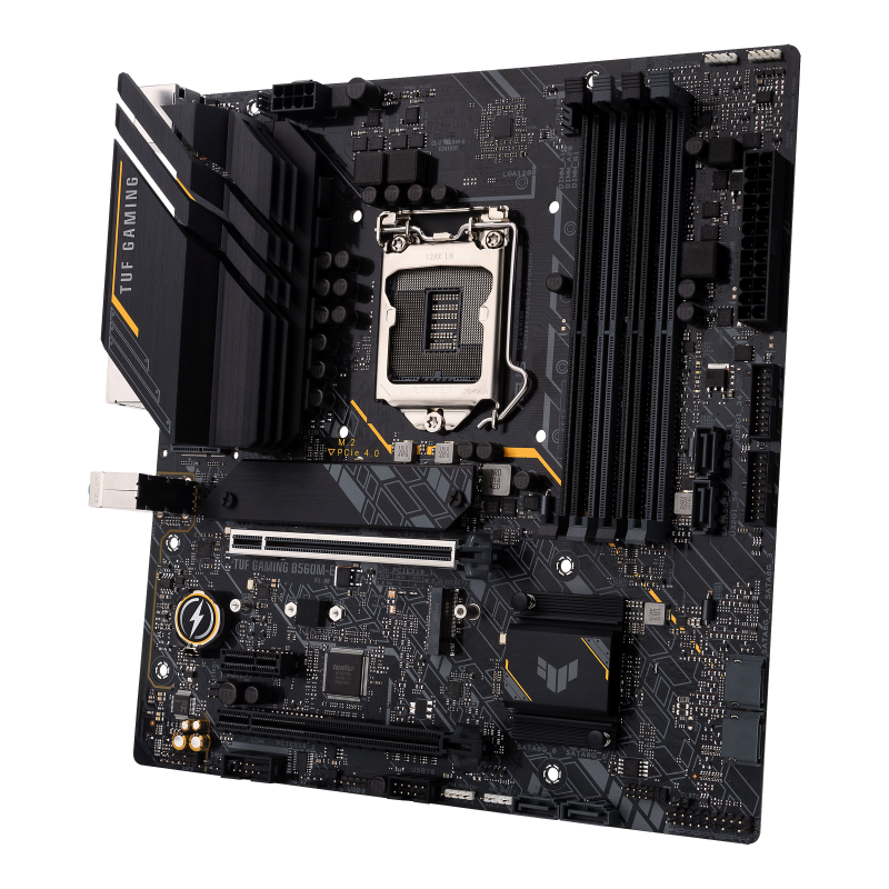 TUF GAMING B560M-E front view, 45 degrees