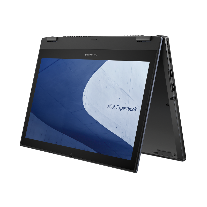 An angled front view of an ASUS ExpertBook B2 Flip in tent mode