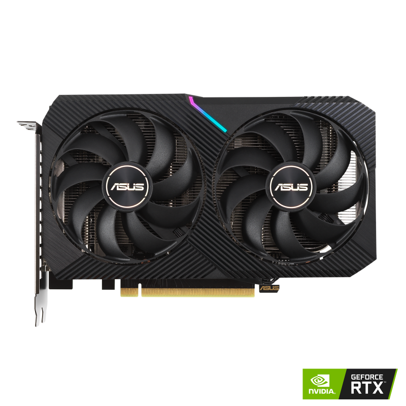 DUAL GeForce RTX 3060 Ti V2 MINI OC Edition graphics card with NVIDIA logo, front view