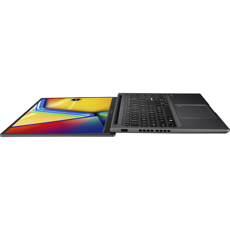 Indie Black ASUS Vivobook 15 OLED otwarty pod kątem 180 stopni z prawej strony.