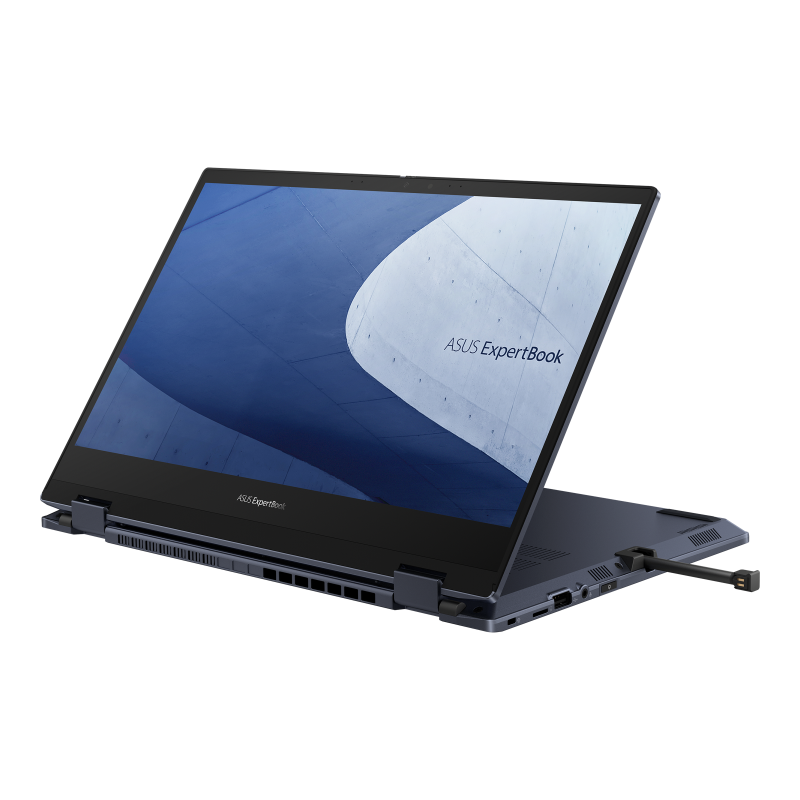 An angled front view of an ASUS ExpertBook B5 Flip in stand mode with a stylus half inserted in the garage.