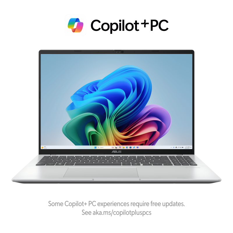 ASUS Vivobook 16 opened at 90-degree from the front view with JS wallpaper.