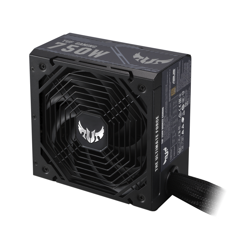 TUF Gaming 750W Bronze upright angle with focus on fan