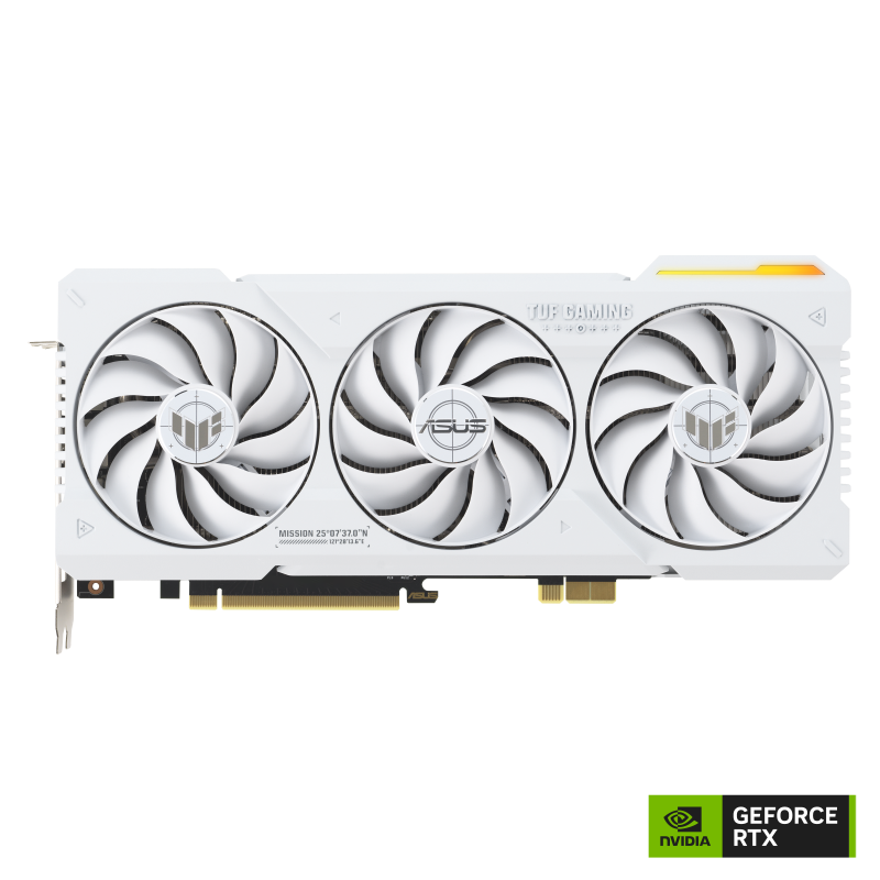 TUF Gaming GeForce RTX 4070 Ti SUPER BTF white graphics card, front view with NVIDIA logo