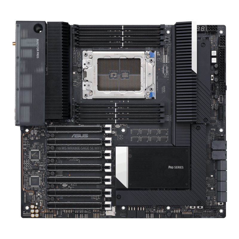 Pro WS WRX80E-SAGE SE WIFI II motherboard, front view, heatsink 