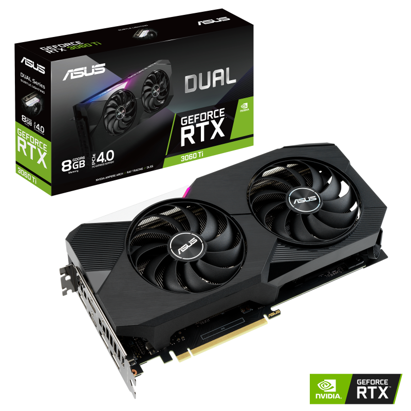 Dual GeForce RTX™ 3060 Ti packaging and graphics card with NVIDIA logo