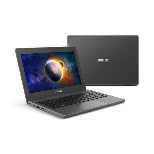 Dois computadores portáteis da série ASUS BR são colocados numa superfície plana. O que está em primeiro plano é mostrado aberto, com uma cena planetária no seu ecrã. O do fundo está fechado, mostrando a sua cobertura cinzenta escura.