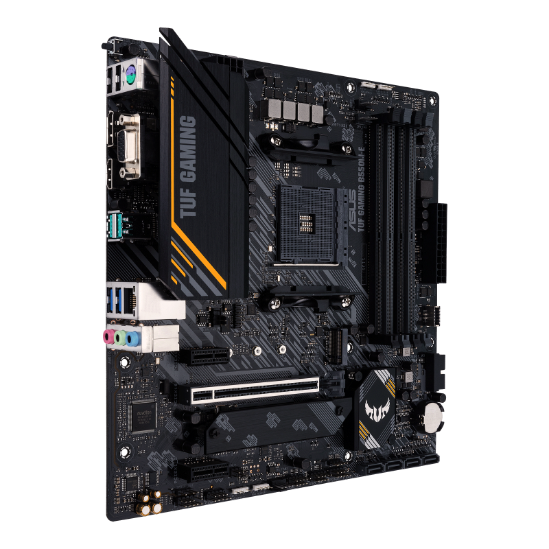 TUF GAMING B550M-E front view, 45 degrees