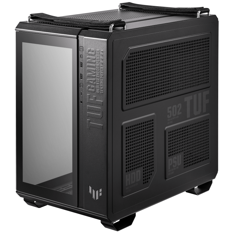 TUF Gaming GT502 rear view with side panel, tilted 45 degrees