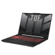 2023 TUF Gaming A15 Off center front view of the TUF A15, with the TUF logo on screen and the keyboard illuminated in red