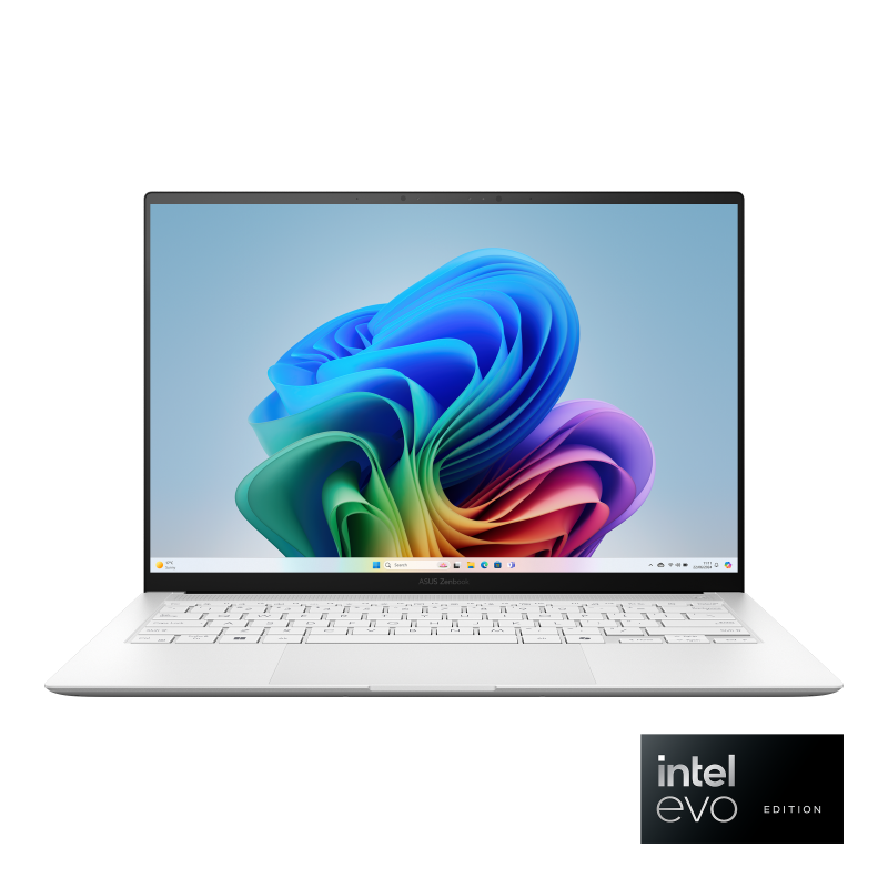 An ASUS Zenbook S 14 UX5406 in Scandivavian White open and showing a colourful image on the screen.