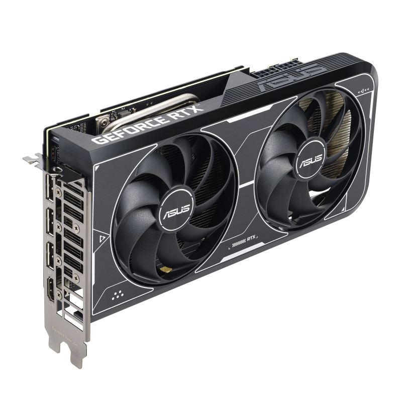 ASUS Dual GeForce RTX 3060 Ti OC edition graphics card, angled side view